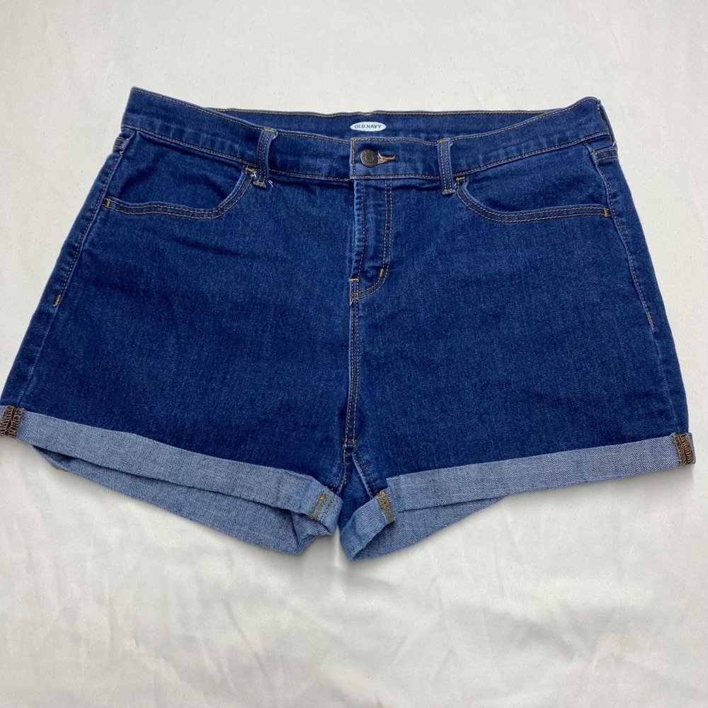 Old Navy Womens Dark Wash Cuffed Denim Shorts Size 14 Mid Rise Stretch